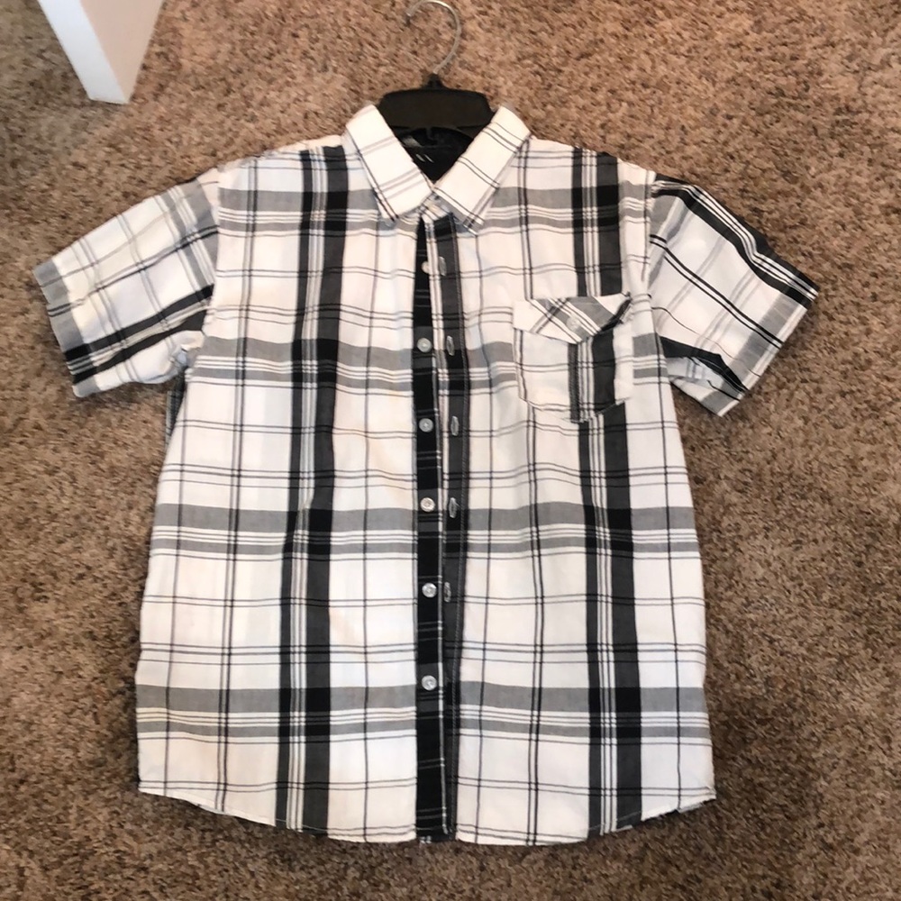 Grey, black, and white dress shirt, size M